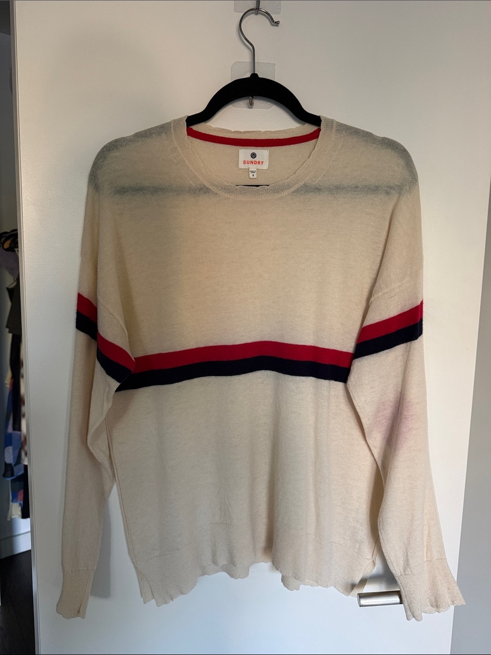 Sundry Cream Crewneck Sweater with Red & Navy Stripes